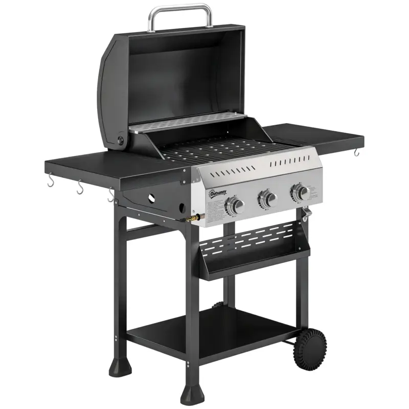 Outsunny Grătar pe gaz 9 KW 3 arzătoare Cărucior BBQ din oțel inoxidabil incl masă laterală rabatabilă suport pentru condimente raft inferior 6 cârlige Reducere specială