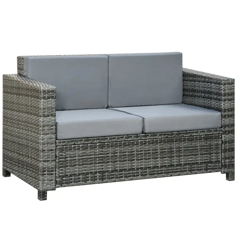 Canapea Outsunny din poly-rattan cu perne, canapea lounge de grădină 2 locuri metal poliester gri 130 x 70 x 80 cm Livrare expres