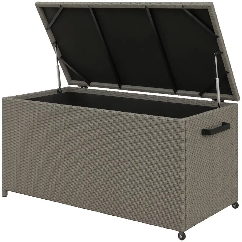 Outsunny Cufăr de Exterior de 184L din Ratan PE cu Roți, Mâner și Căptușeală Interioară Impermeabilă, 102x52x52 cm, Gri Ofertă