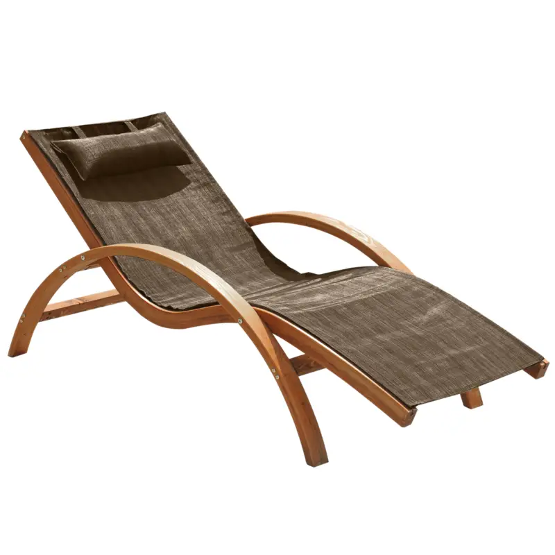 Outsunny Șezlong de Grădină Ergonomic cu Tetieră Căptușită din Lemn și Țesătură, 161x72x68 cm, Maro Ultima șansă
