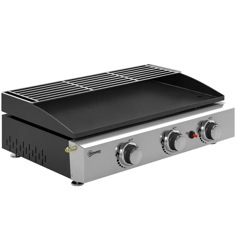 Outsunny Grătar pe gaz 7,5 KW Grătar de masă portabil cu 3 arzătoare Acoperire ceramică grilă Suport pentru menținerea la cald Disponibil imediat