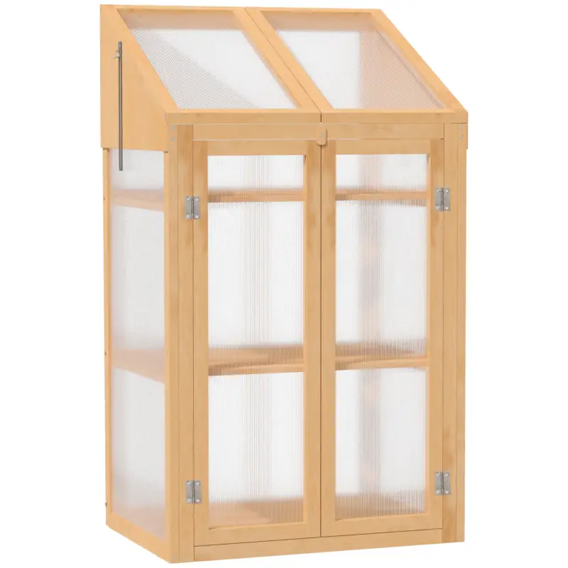 Outsunny Mini-seră, seră mică cu structură din lemn, ferestre și ușă dublă, 3 rafturi, 70L x 50L x 120Î cm, maro Bestseller