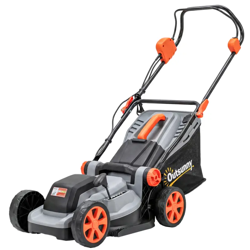 Plată sigură Outsunny Mașină de tuns gazon electrică 1200 W, lățime de tăiere 34 cm, coș colector 35L, funcție mulcire, 6 înălțimi de tăiere, mâner reglabil