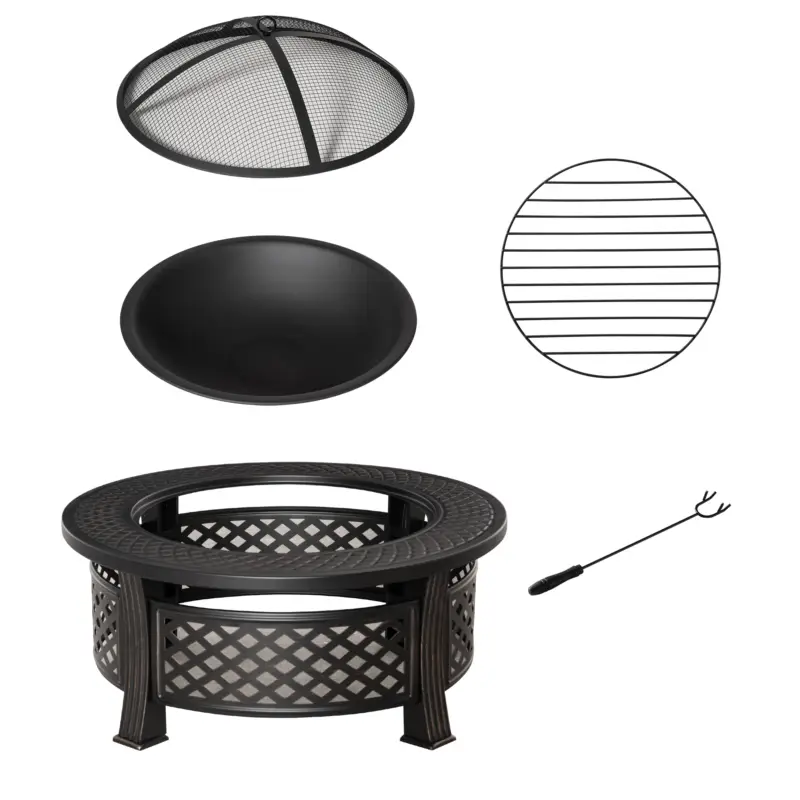 Outsunny Cuvă de foc cu cârlig, protecție la scântei, coș de foc, masă pentru foc rotund, loc de foc pentru grădină, camping, BBQ, oțel, negru, 81 x 81 x 50 cm Ofertă