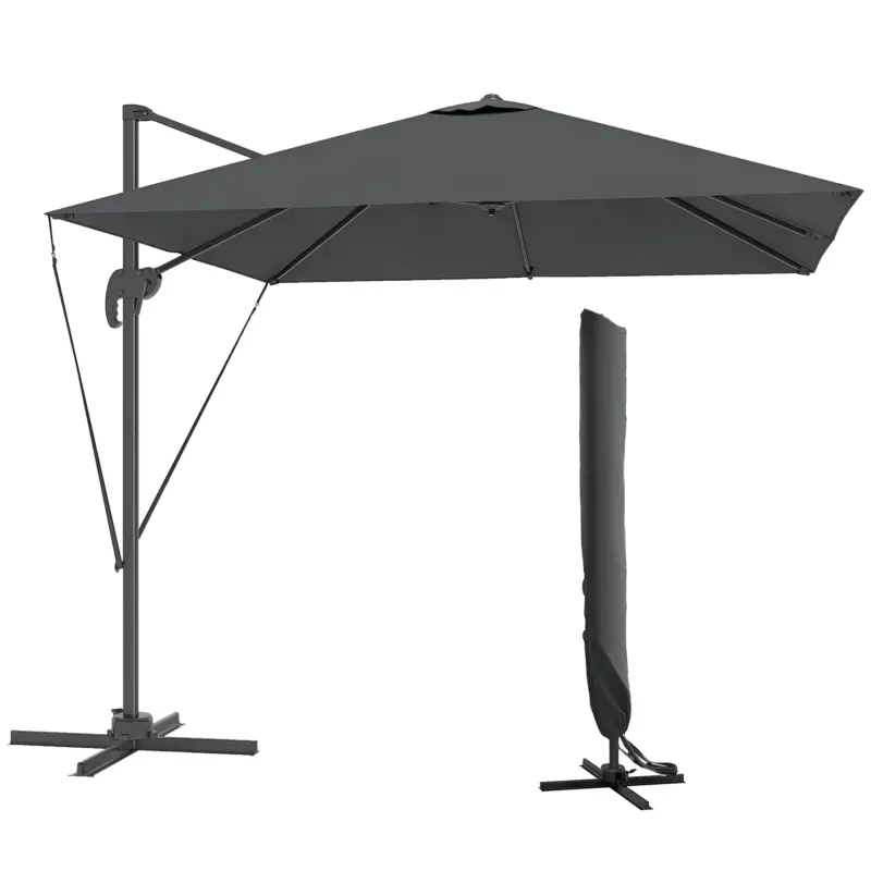 Outsunny Umbrelă de Grădină cu Manivelă Înclinabilă, Braț Lateral și Bază Rotativă, 244x244x255 cm, Gri Închis Ieftin