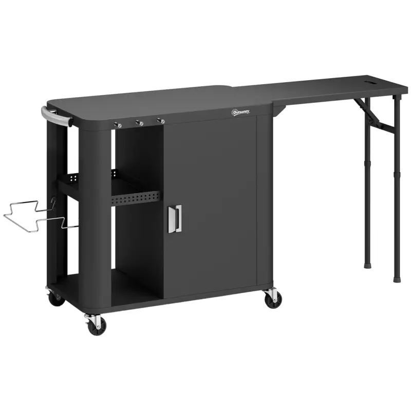 Noutate Outsunny Servantă de grădină cărucior de grătar pe roți cu masă laterală pliabilă dulap rafturi 166 x 54 x 88 cm negru
