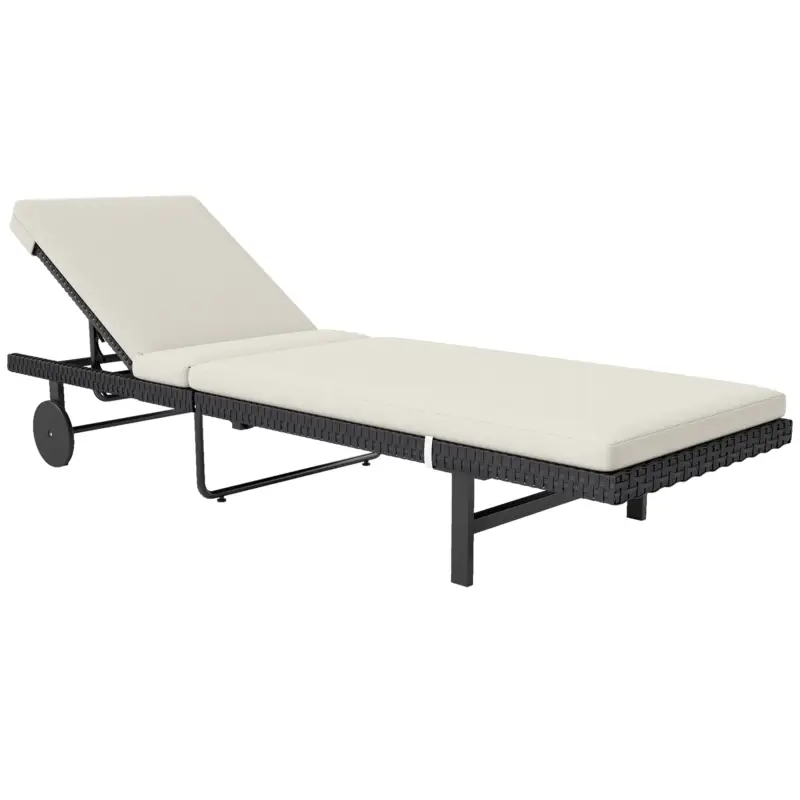 Plată securizată Outsunny Șezlong cu pernă din rășină țesută reglabil cu roți, 198 x 65 x 85 cm, crem