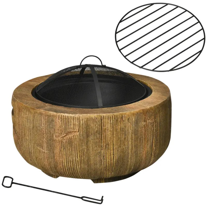 Outsunny Tăviță de foc în design ciot de copac, plasă anti-scântei, grilă pentru cărbune, cârjă, Ø61,5 x 39 cm Reducere