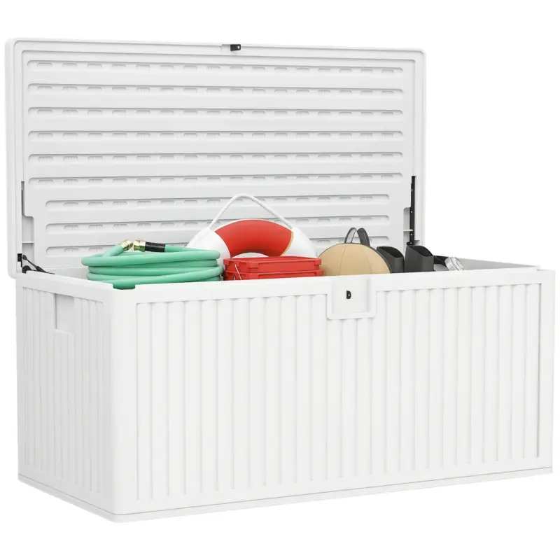 Outsunny Cufăr de Exterior de 140L Impermeabil cu Design Canelat și 2 Pistoane cu Gaz, 140x68x68 cm, Alb Ofertă limitată