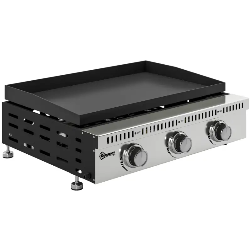 Cel mai vândut Outsunny Plancha pe gaz 9 kW 3 arzătoare din oțel inoxidabil, suprafață de gătit 56,5 x 33 cm, tavă de colectare a grăsimilor, negru