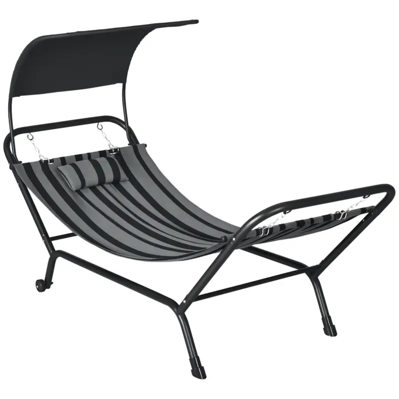 Outsunny Şezlong bain de soleil transat din oțel și poliester cu acoperiș și pernă, dim. 240L x 92l x 148H cm Preț promoțional