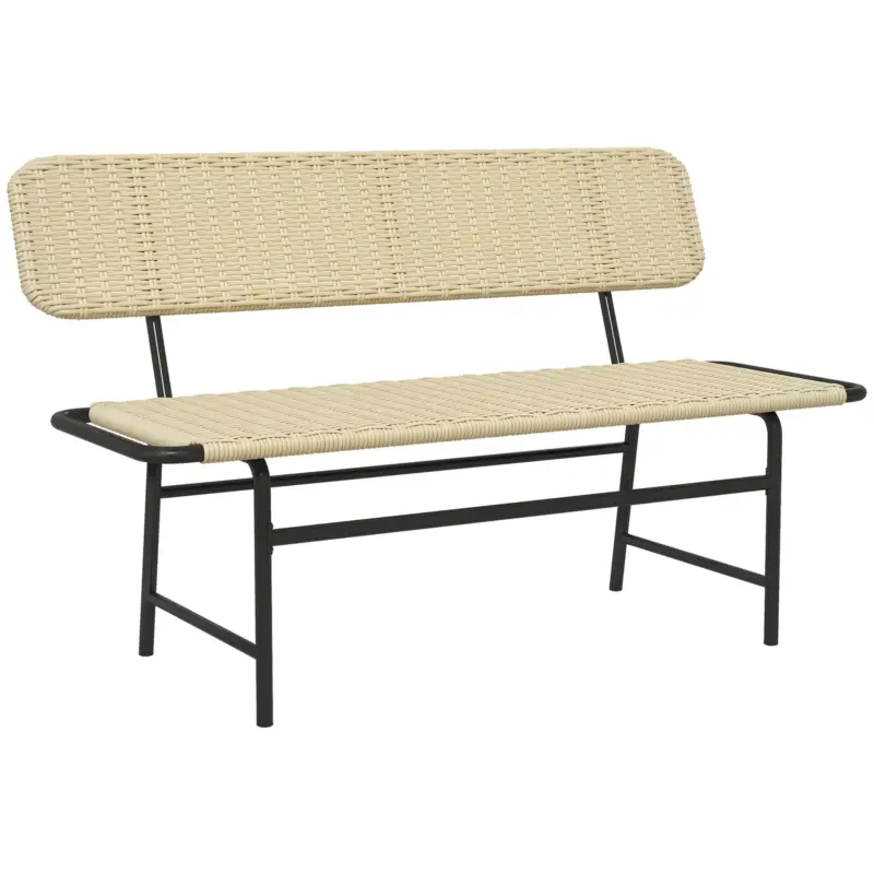 Ieftin Outsunny Bancă de exterior pentru 2 persoane din ratan artificial, cadru metalic inoxidabil, 132 x 66 x 80 cm, Khaki