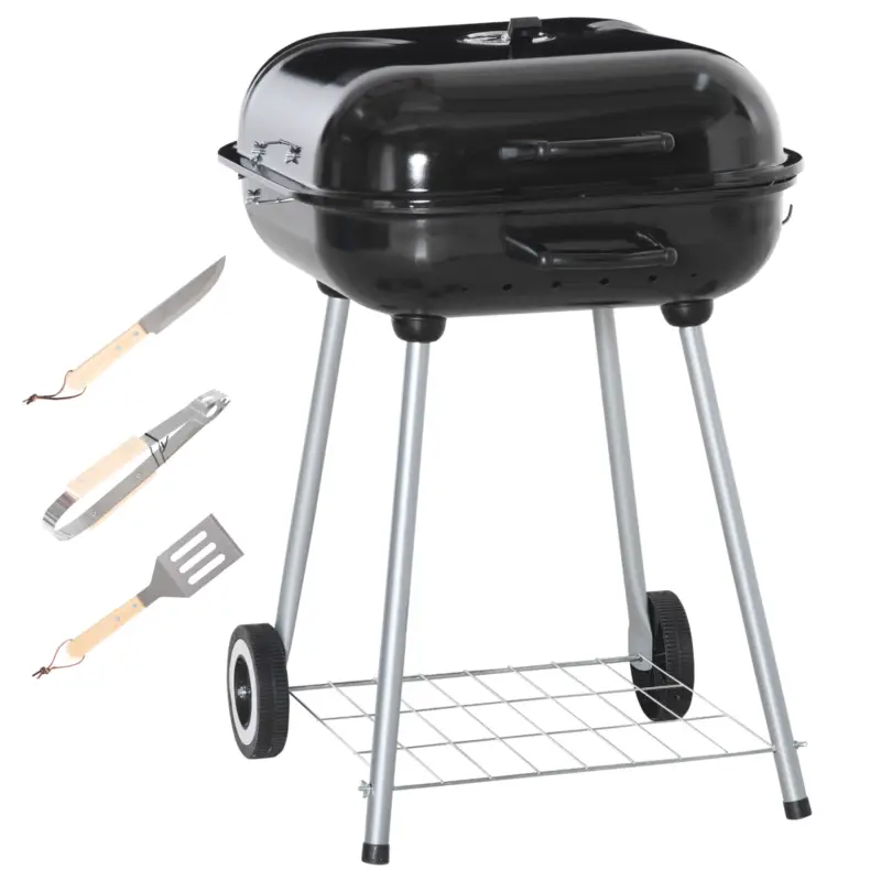 Outsunny Barbecue cu cărbune BBQ cu 2 roți, ustensile, capac și raft dim. 56L x 62l x 82H cm, metal emailat negru Calitate înaltă