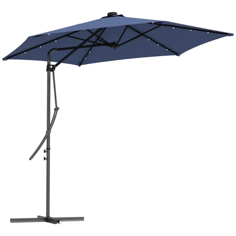 Doar azi Outsunny Umbrelă de grădină, Umbrelă cu braț, LED-uri, Modul solar, rezistent la intemperii, inclusiv husă de protecție, Ø290 x 260 cm, Albastru închis
