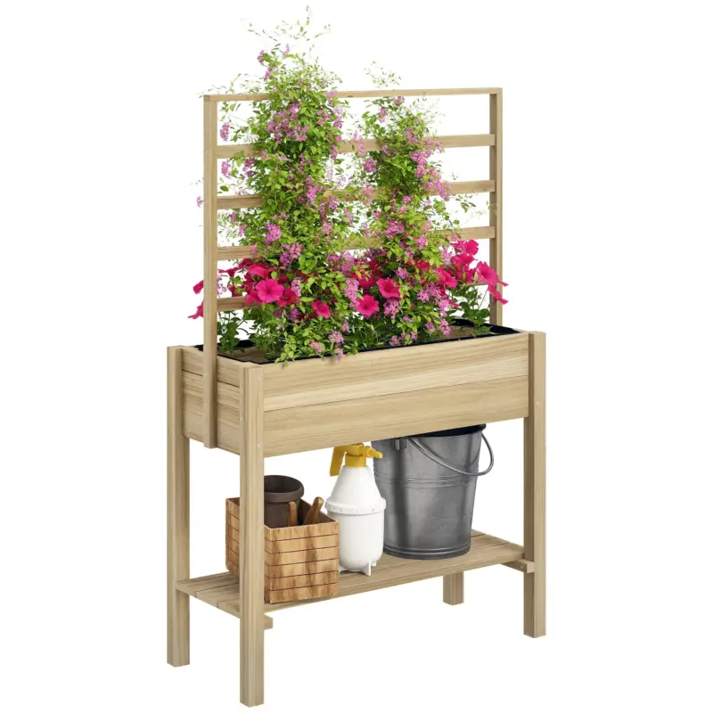 Outsunny Jardiniere pe picioare, carré potager de grădină pe picioare cu grilaj și raft, din lemn, 88 x 37 x 137 cm lemn natural Cel mai bun preț