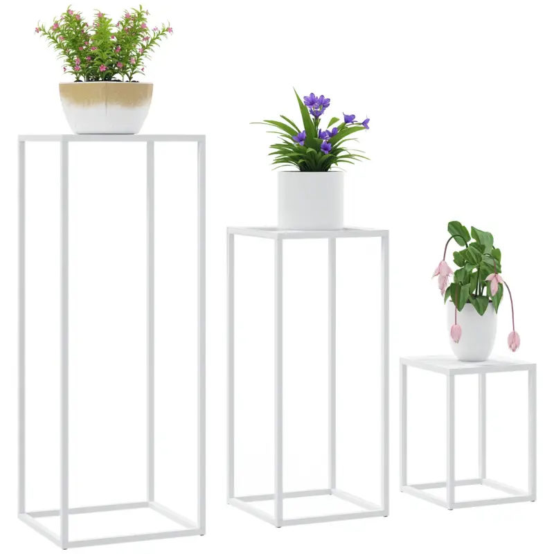 Reducere de preț Outsunny Set 3 suporturi pătrate metalice pentru plante, empilabile, pentru interior și exterior, grădină, casă, alb