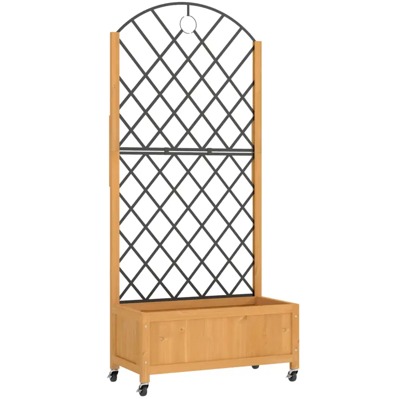 Promoție Outsunny Jardinieră înaltă cu grilaj metalic, jardiniere din lemn cu roți, jardinieră outdoor, maro