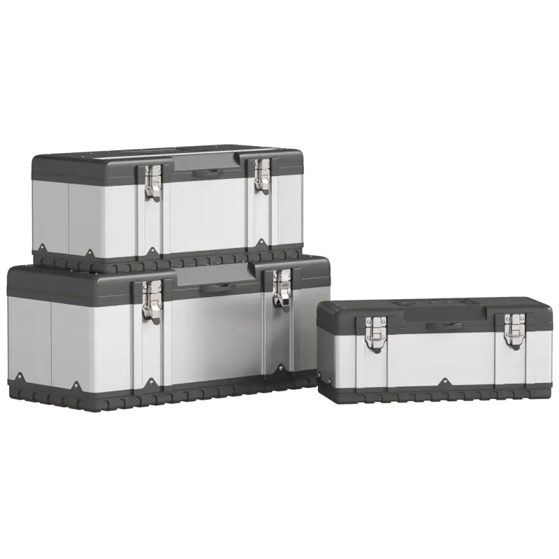 HOMCOM Set de 3 cutii pentru scule, oțel inoxidabil, plastic, culoare argintie Preț redus