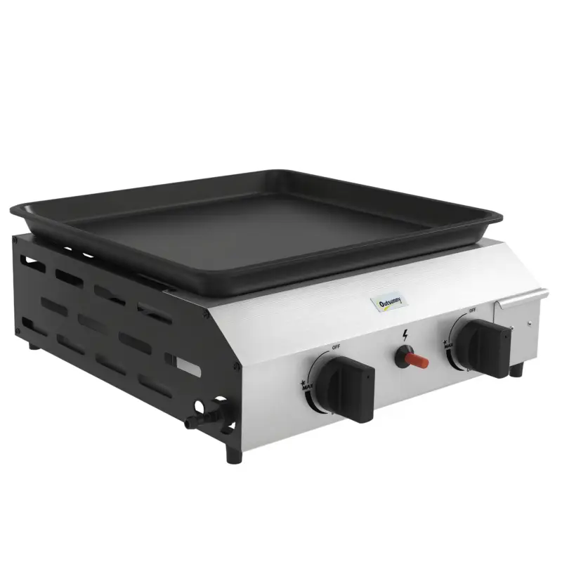 Popular Outsunny Plancha gaz din oțel inoxidabil emailat 2 arzătoare 4,8 kW antiaderentă suprafață mare de gătit 40L x 34l cm, transportabilă