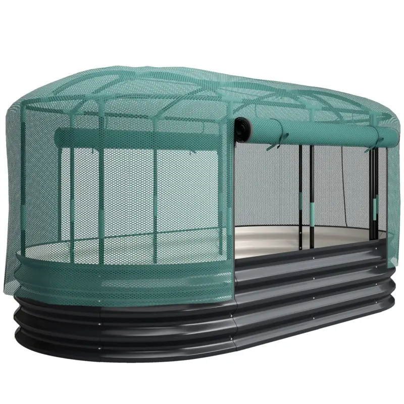 Premium Outsunny Pat pătrat pentru grădină cu cușcă de protecție, jardiniere ridicată din oțel galvanizat, 180 x 90 x 93 cm, gri și verde