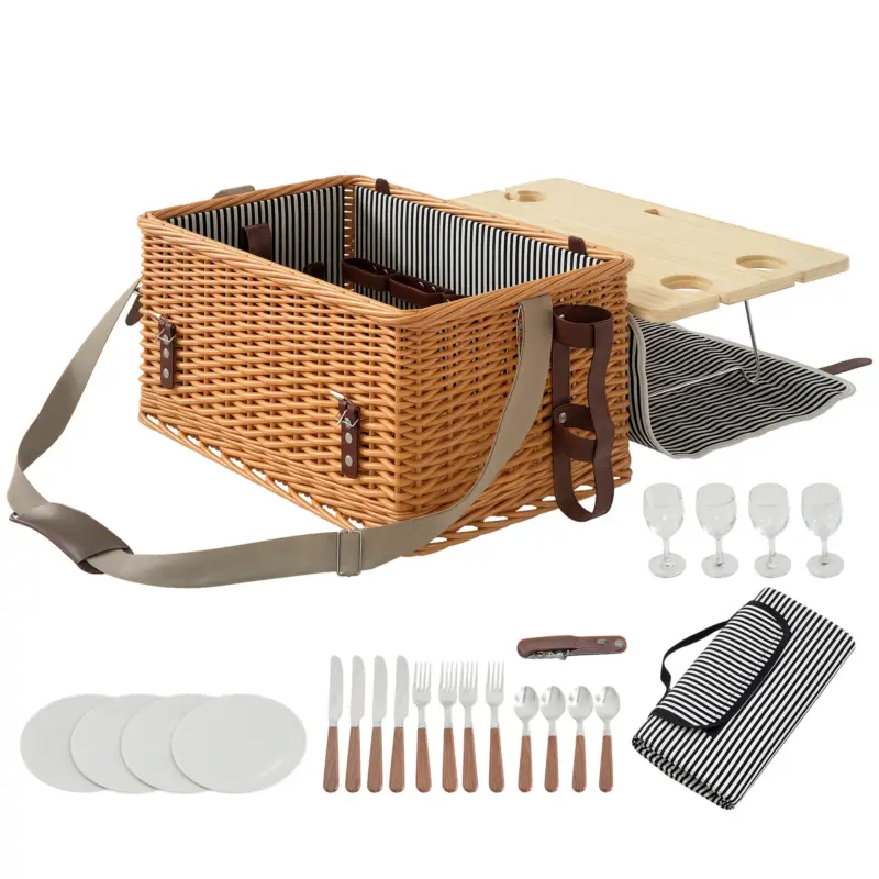 Outsunny Coș de Picnic pentru 4 Persoane cu Măsuță din Răchită Maro Deschis Mai ieftin