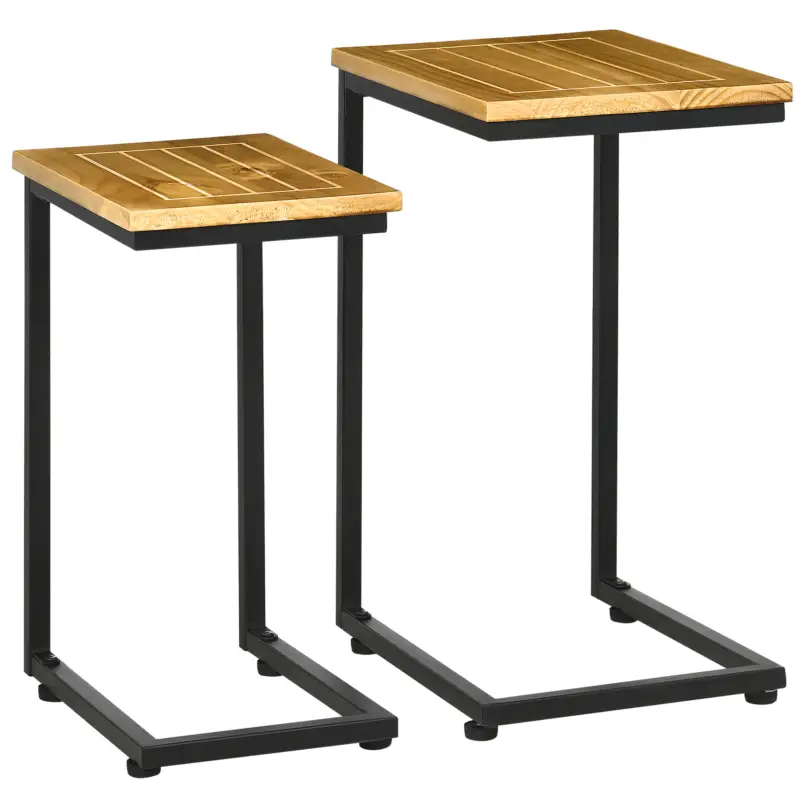 HOMCOM Set 2 Masute de Gradina din Metal si Lemn de Pin cu Design Stivuibil pentru folosire la Exterior si Interior, 40x30x60 cm, Maro Deschis si Negru Cumpără online