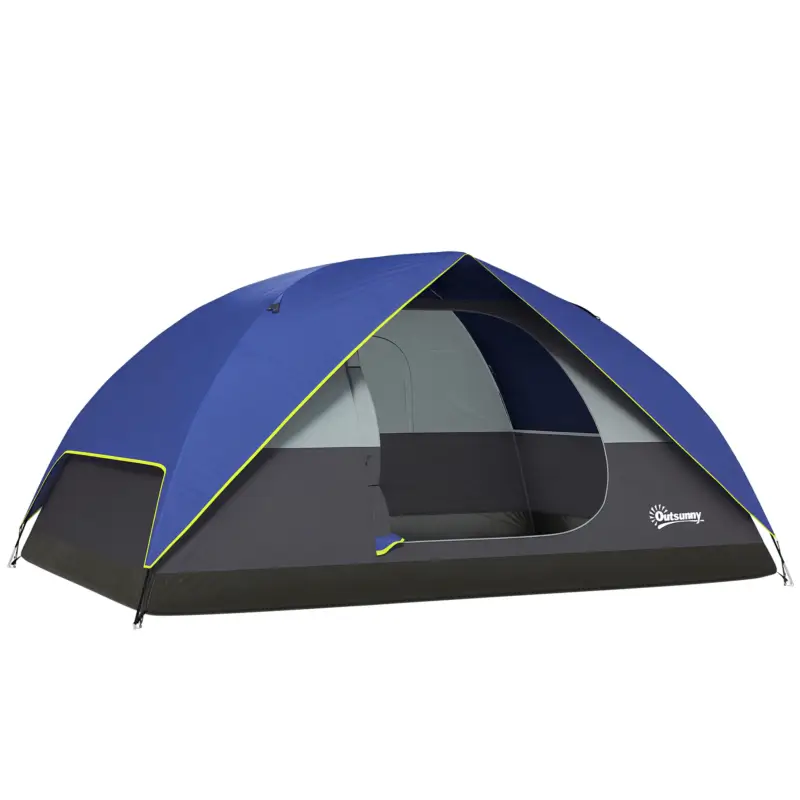 Plată sigură Outsunny Cort de camping 2-4 persoane, cort dôme familial impermeabil, cu fereastră, 2 buzunare, sac de transport, albastru închis
