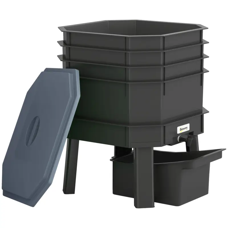 Outsunny Compostor 28 litri, 39 x 39 x 51,5 cm Compostor rapid cu tăvi, rezistent la intemperii, compostor termic Gri închis Cel mai bun preț