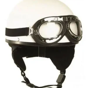 Vezi acum Cască Half Shell Albă cu Ochelari – Look Retro-Cool, Ideală pentru Costume sau Decor Tactic