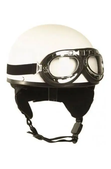 Vezi acum Cască Half Shell Albă cu Ochelari – Look Retro-Cool, Ideală pentru Costume sau Decor Tactic